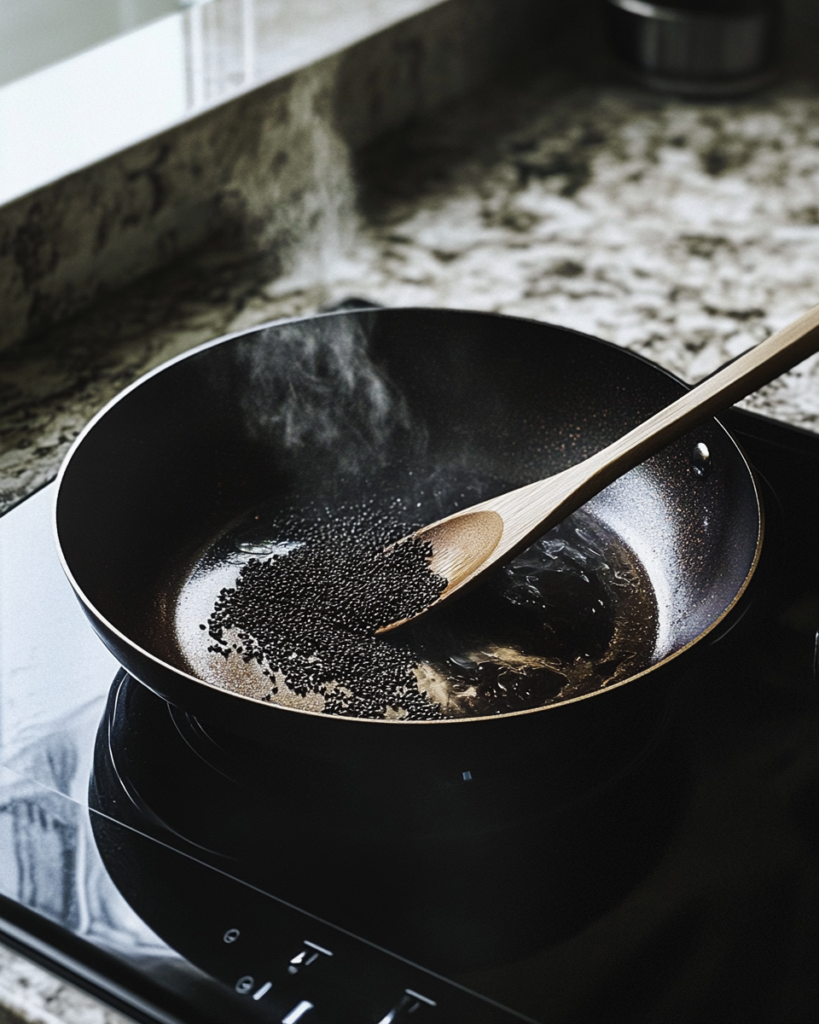 Start by toasting your black sesame seeds. Put them in a dry non-stick pan over low heat. Keep stirring them around - you'll know they're ready when you hear little popping sounds and smell that toasty sesame aroma. This usually takes about 3-5 minutes. Take them off the heat and let them cool completely.
