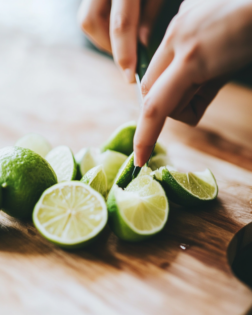 Start by putting your tall glass in the freezer to chill. This takes about 5 minutes and will make your drink extra cold and refreshing. While your glass is chilling, cut a fresh lime in half and squeeze out the juice. You need about half an ounce (that's one good squeeze from half a lime). If you want to make it extra fancy, you can rim your glass with green sugar. Just rub a lime wedge around the rim and dip it in green sugar.