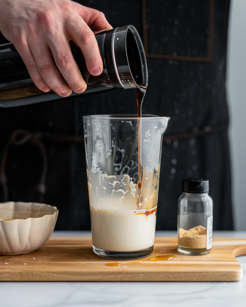 Second, add all your liquid ingredients to the blender: one cup of cold coffee, one cup of milk (any kind works), half a teaspoon of vanilla extract, and a tablespoon of honey or maple syrup.