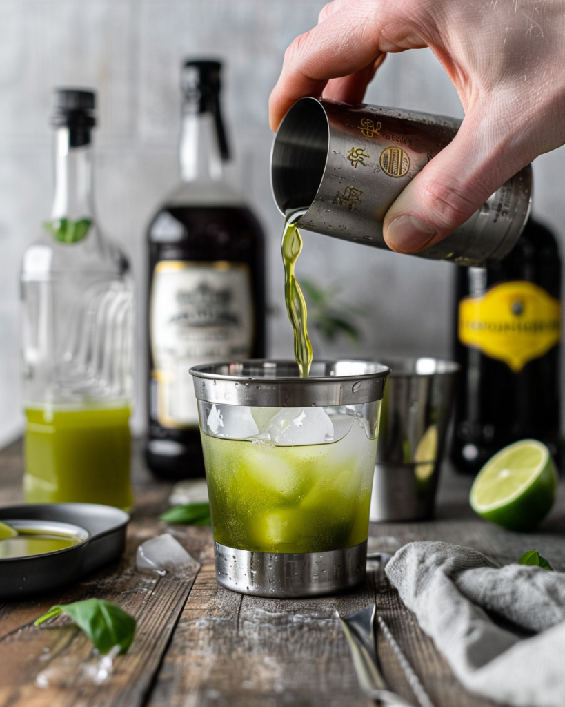 Fill your cocktail shaker with ice - about ¾ full is perfect. Pour in 2 ounces of vodka (that's about 2 shot glasses). Add 1 ounce of Midori (1 shot glass). Pour in your fresh lime juice (half a shot glass). Add half an ounce of triple sec (half a shot glass).