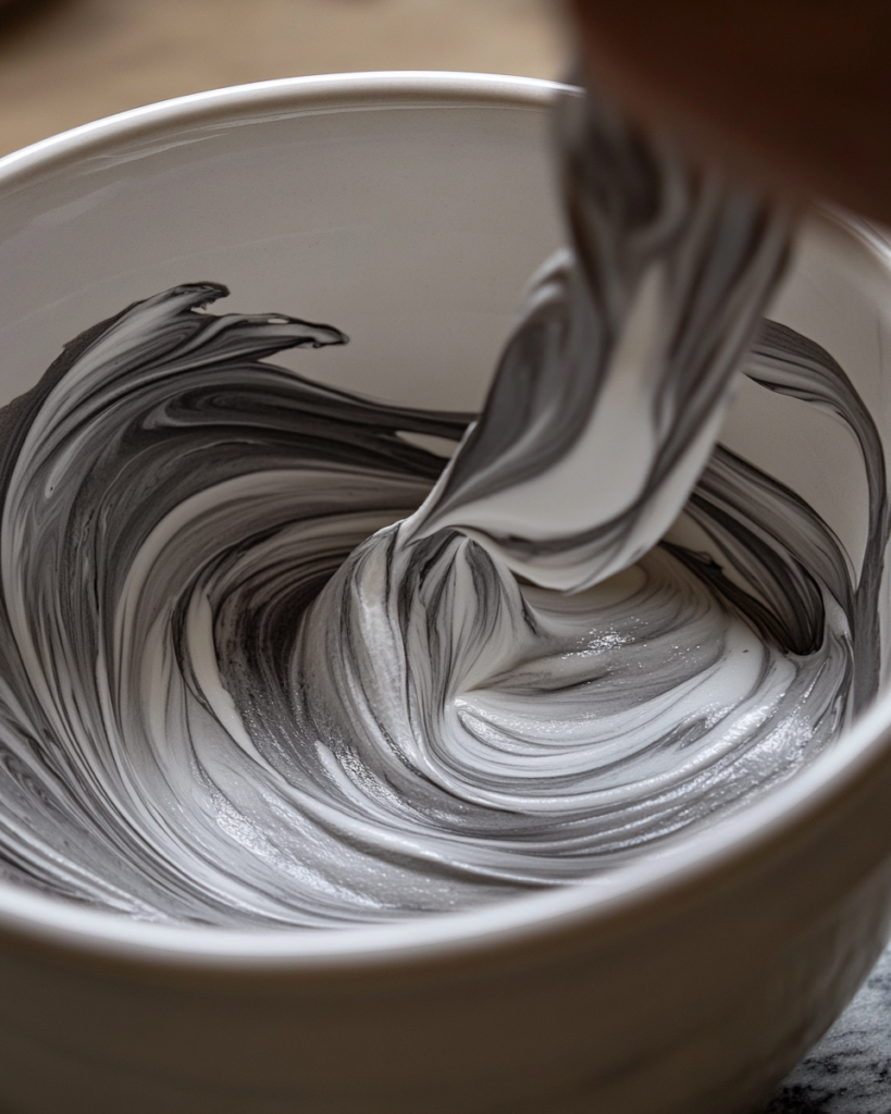 Now take a tablespoon of your sesame paste and mix it with two teaspoons of condensed milk until it's smooth. If you're using whipping cream, gently fold it in now. This makes your drink extra creamy, but it's totally fine to skip it.