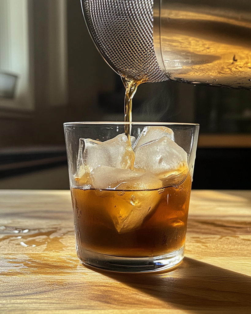 Then, grab your chilled glass from the freezer and fill it with fresh ice cubes. Carefully strain your mixed liqueurs from the mixing glass into your chilled glass.