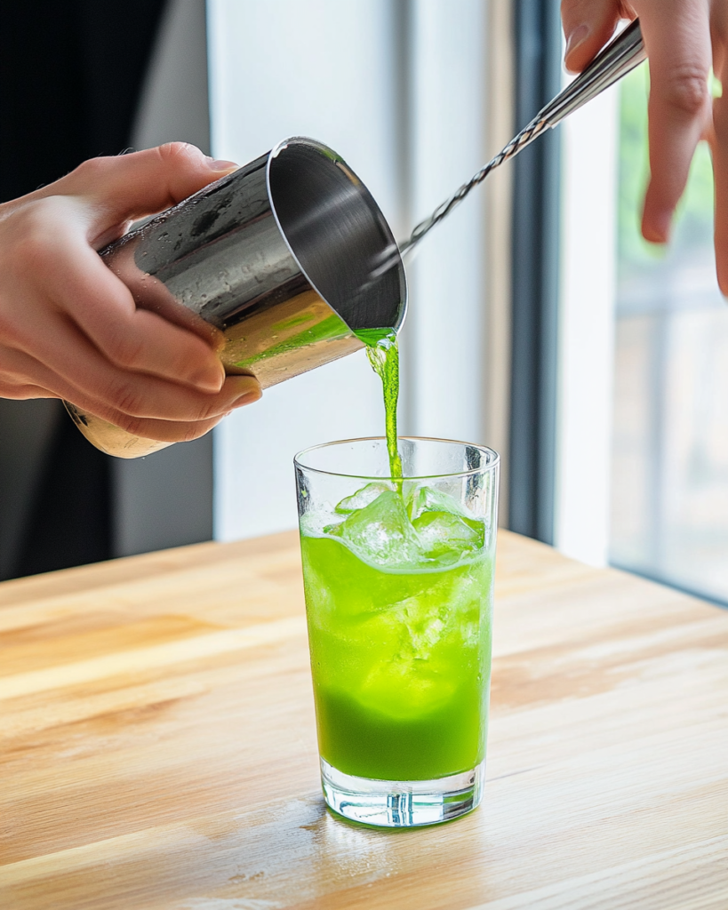 Take your glass out of the freezer and fill it with fresh ice. Strain your cocktail from the shaker into your cold glass. Top it off with about 2 ounces of Sprite or 7UP (2 shot glasses). Give it a gentle stir with your spoon - just a few turns to mix everything.