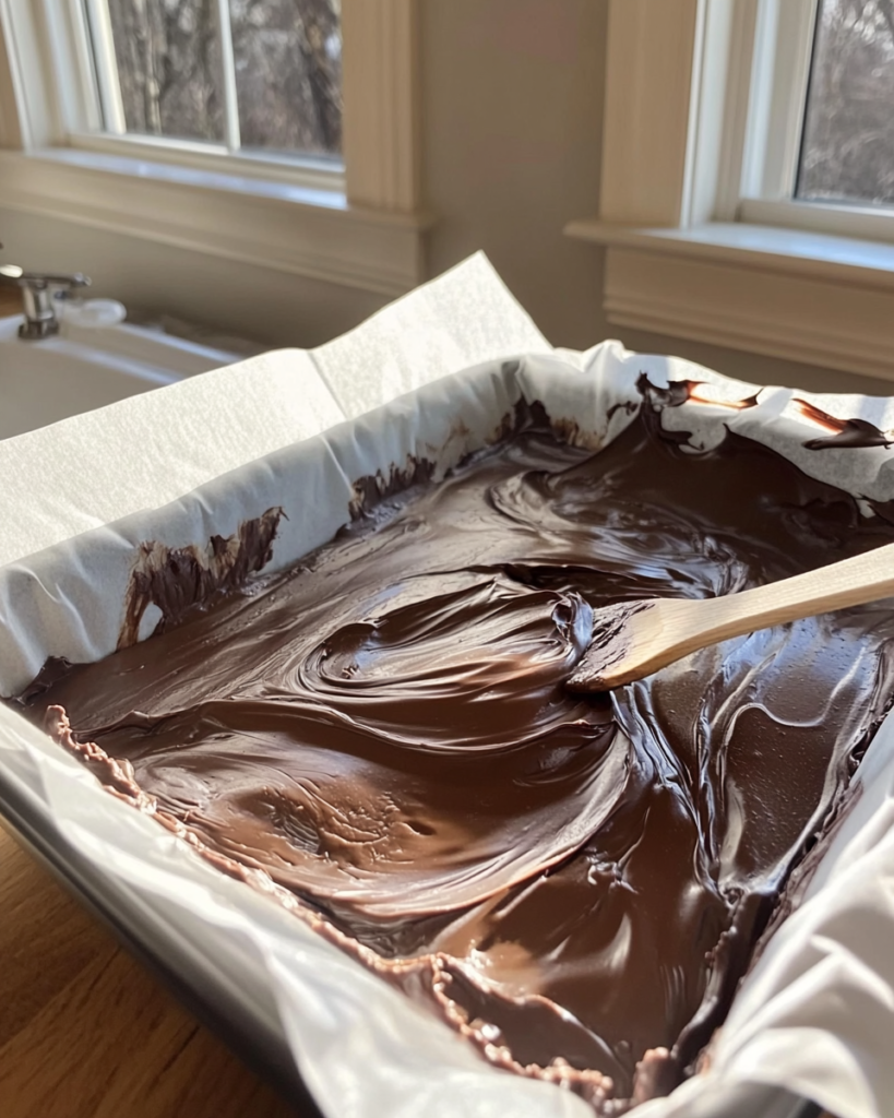 Pour the mixture into your lined baking dish. Use your spatula to spread it evenly into the corners. Give the pan a few gentle taps on the counter to remove any air bubbles.