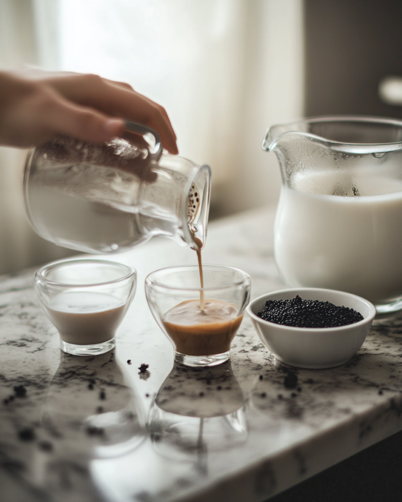 Time to make your coffee! Brew two shots of espresso while you get your milk ready. If you want your latte cold, keep the milk cold. For a hot version, warm up your milk. For an iced latte, fill your glass with ice cubes first. Pour in your cold milk, then add your freshly brewed espresso.