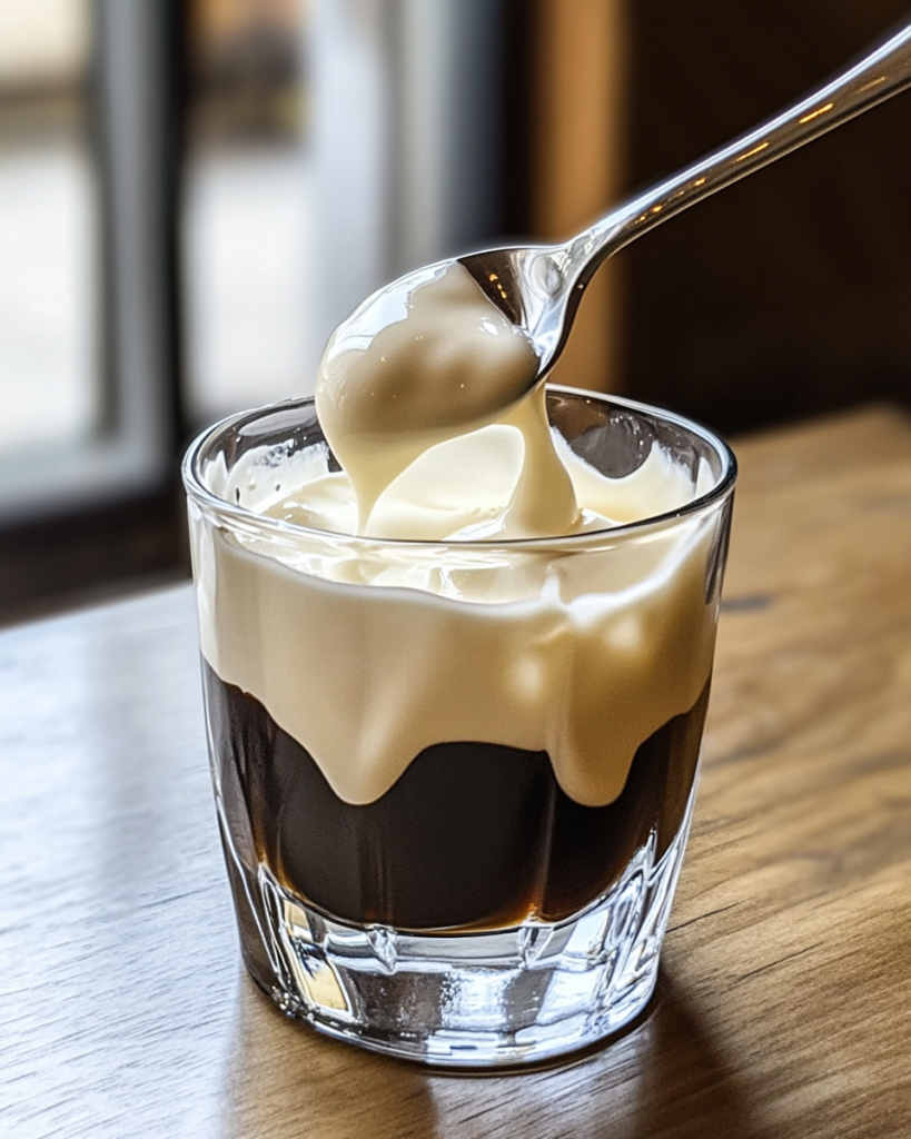 Now comes the fun part – slowly pour 2 ounces of heavy cream over the back of a spoon into your glass. This creates those beautiful, Instagram-worthy layers in your drink. The cream should float on top of the liqueur mixture.