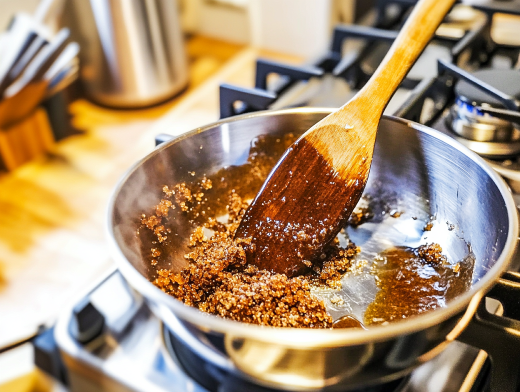 Get all your ingredients and tools ready before you start. You'll need a medium saucepan, whisk, measuring cups, and a jar to store your creamer. Put 1 cup of brown sugar in your saucepan. Turn the heat to medium. Keep stirring the sugar until it melts completely into a liquid. Don't stop stirring or it might burn.