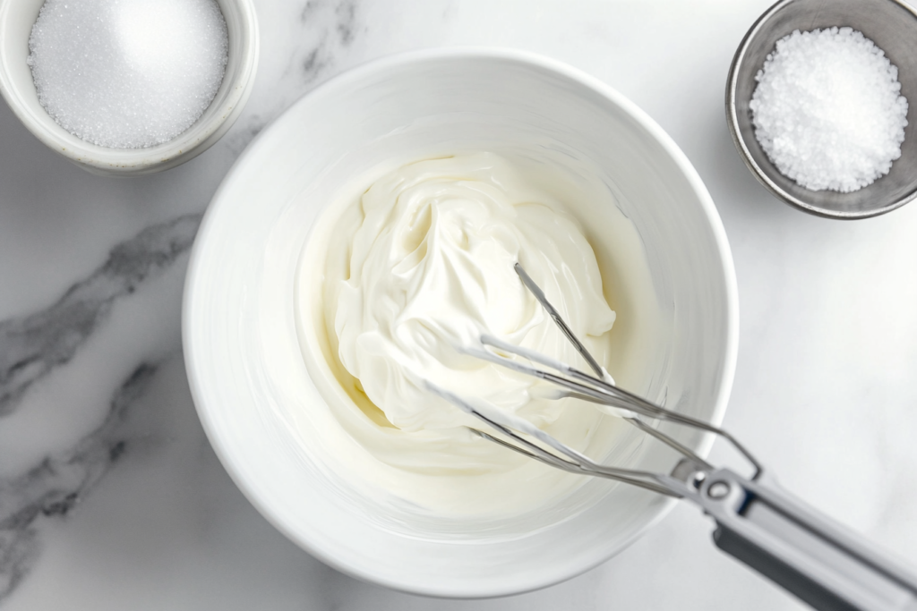 While your coffee is dripping, make the salted cream. In a small bowl, combine 30ml of cold heavy cream, 5ml of whole milk, 1/4 teaspoon of sugar, and two small pinches of salt. Use your milk frother or whisk to whip this mixture until it forms soft peaks - this means when you lift the whisk, the cream should make gentle peaks that slightly curl over at the top.