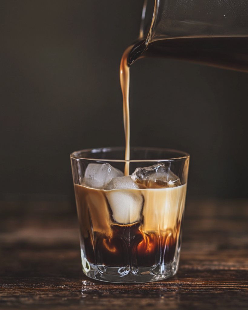 Now let's put it all together. Pour 30ml of sweetened condensed milk into your serving glass. Once your coffee has finished dripping, pour it over the condensed milk and stir them together well. Add a few ice cubes to the glass and give it another gentle stir to cool the coffee