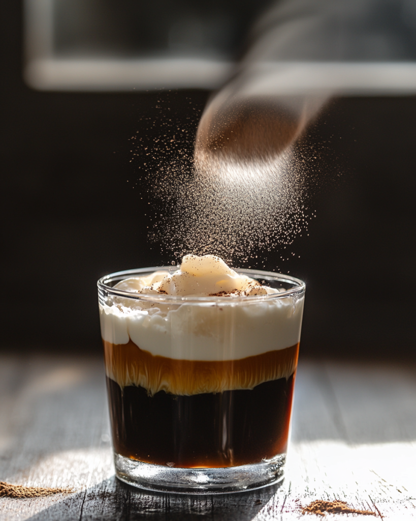 Finally, spoon your whipped salted cream gently on top of the iced coffee. The cream should float on top, creating a nice white layer. Finish by dusting a little cocoa powder over the cream using a small strainer or sieve.